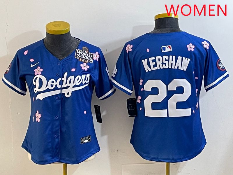 Women Los Angeles Dodgers #22 Kershaw Blue White Blue Sakura Edition 2025 Nike MLB Jersey style 6